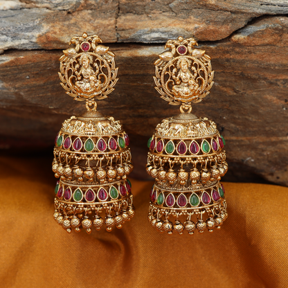 Stacked Band Jumka with Lakshmi Figure and Multi Row Hanging Drops