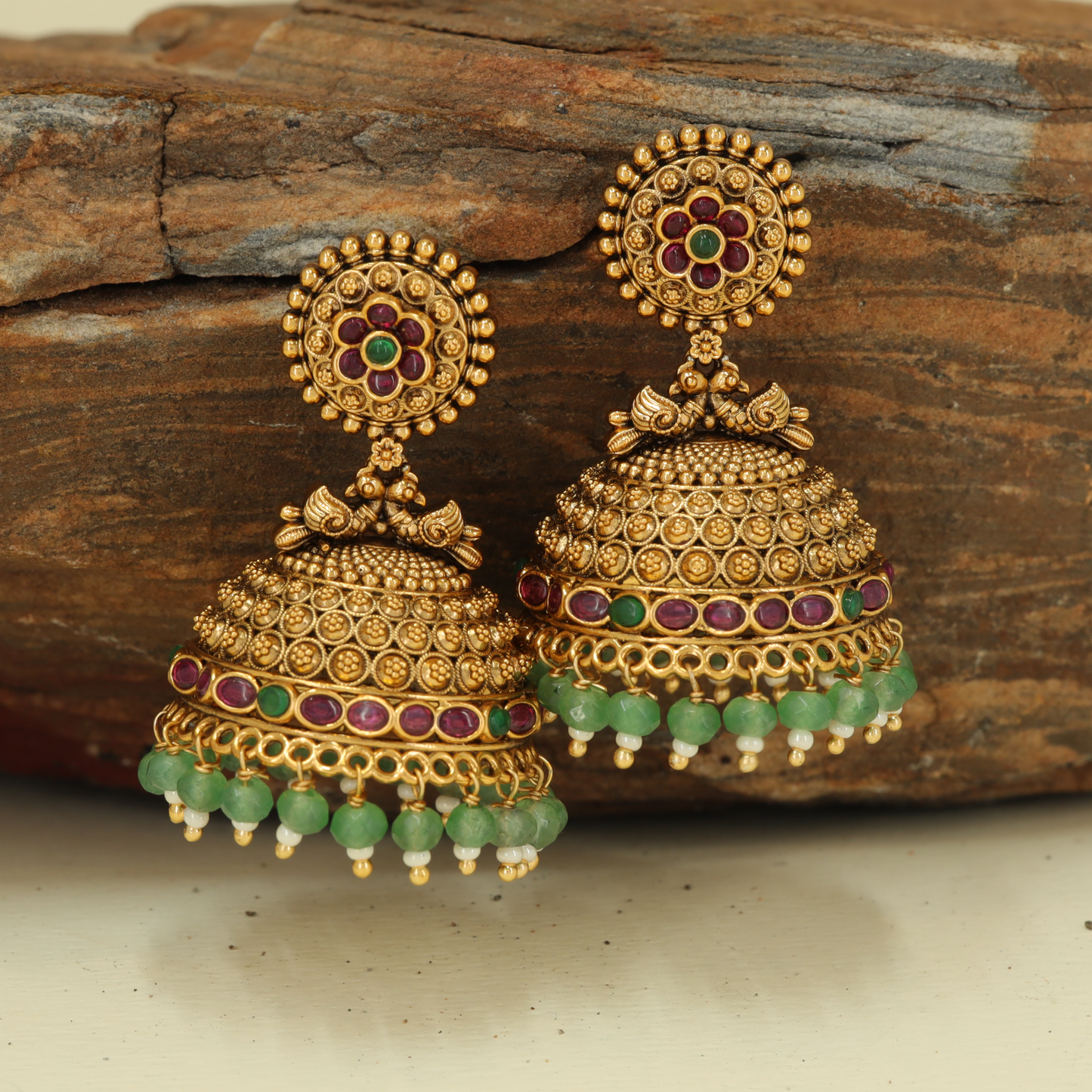 Decorative Round Stud Jumka with Dense Dome Pattern and Bead Hangings