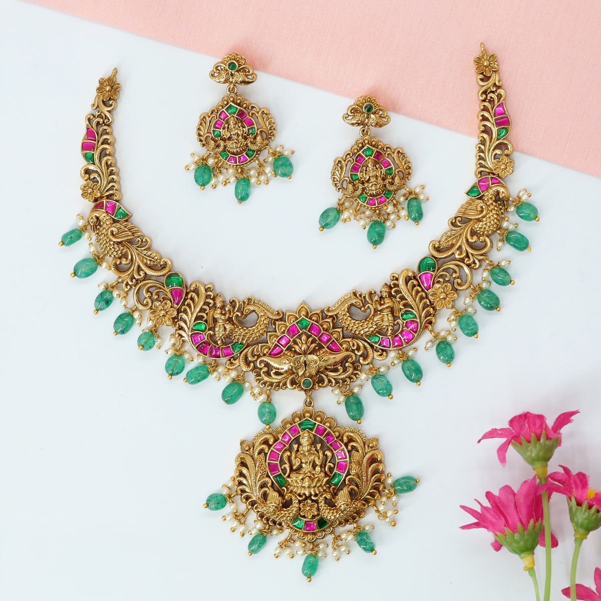 Classic Lakshmi Necklace with Peacock Elements