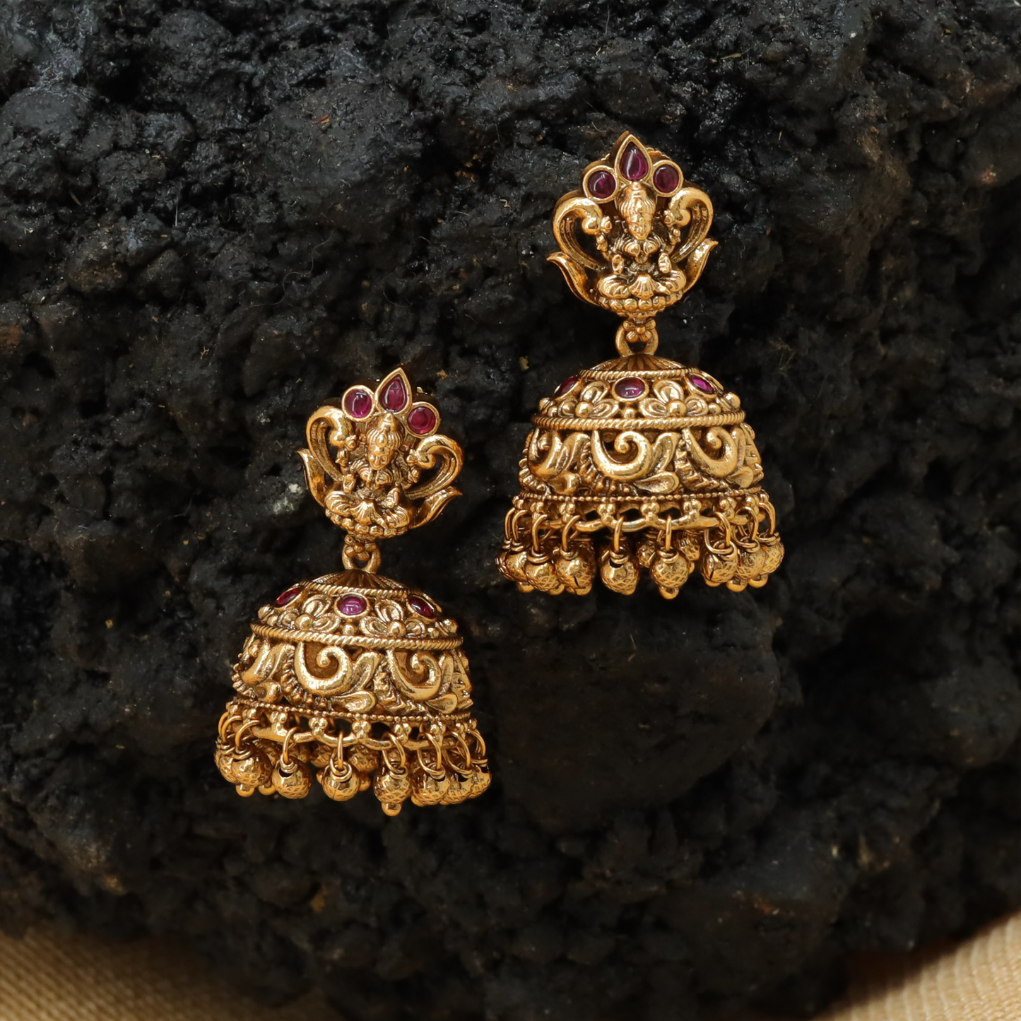 Petal Frame Lakshmi Jumka with Curved Dome Structure and Hanging Beads