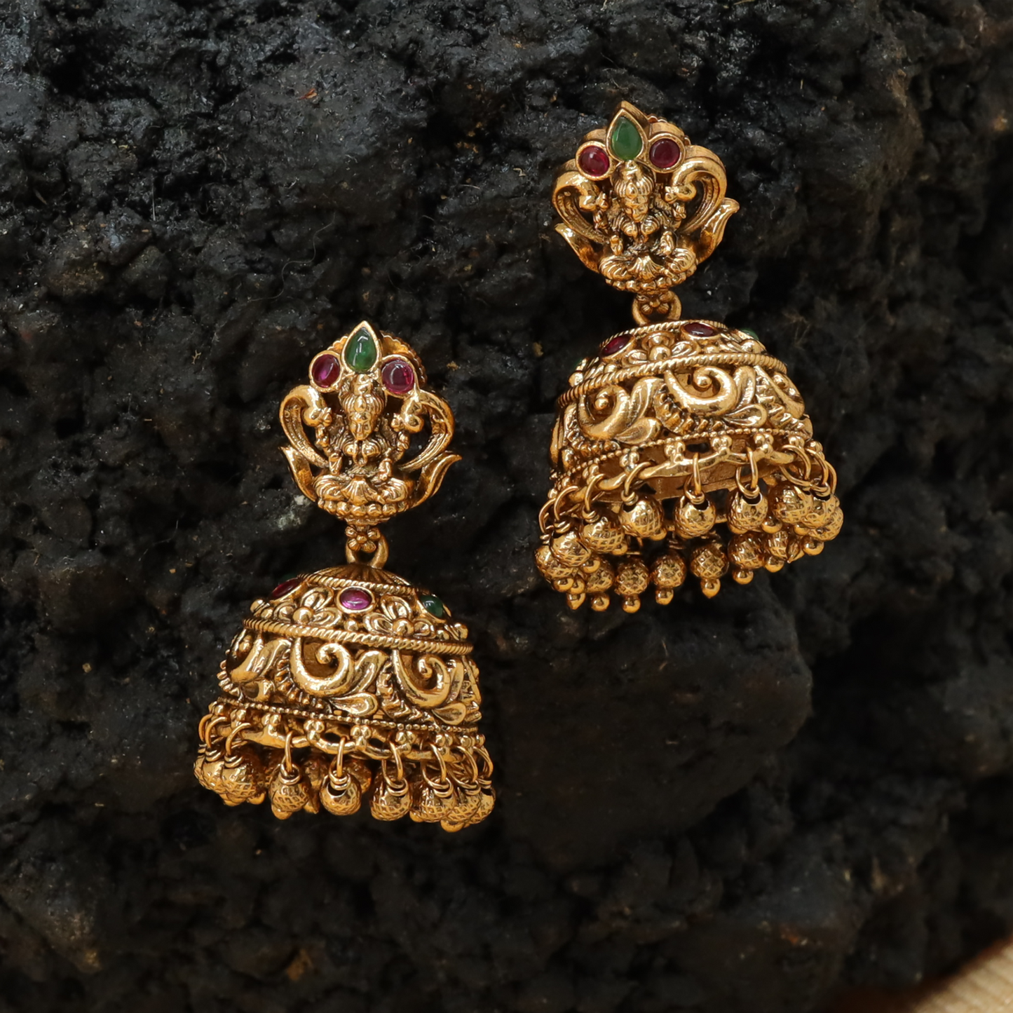 Petal Frame Lakshmi Jumka with Curved Dome Structure and Hanging Beads