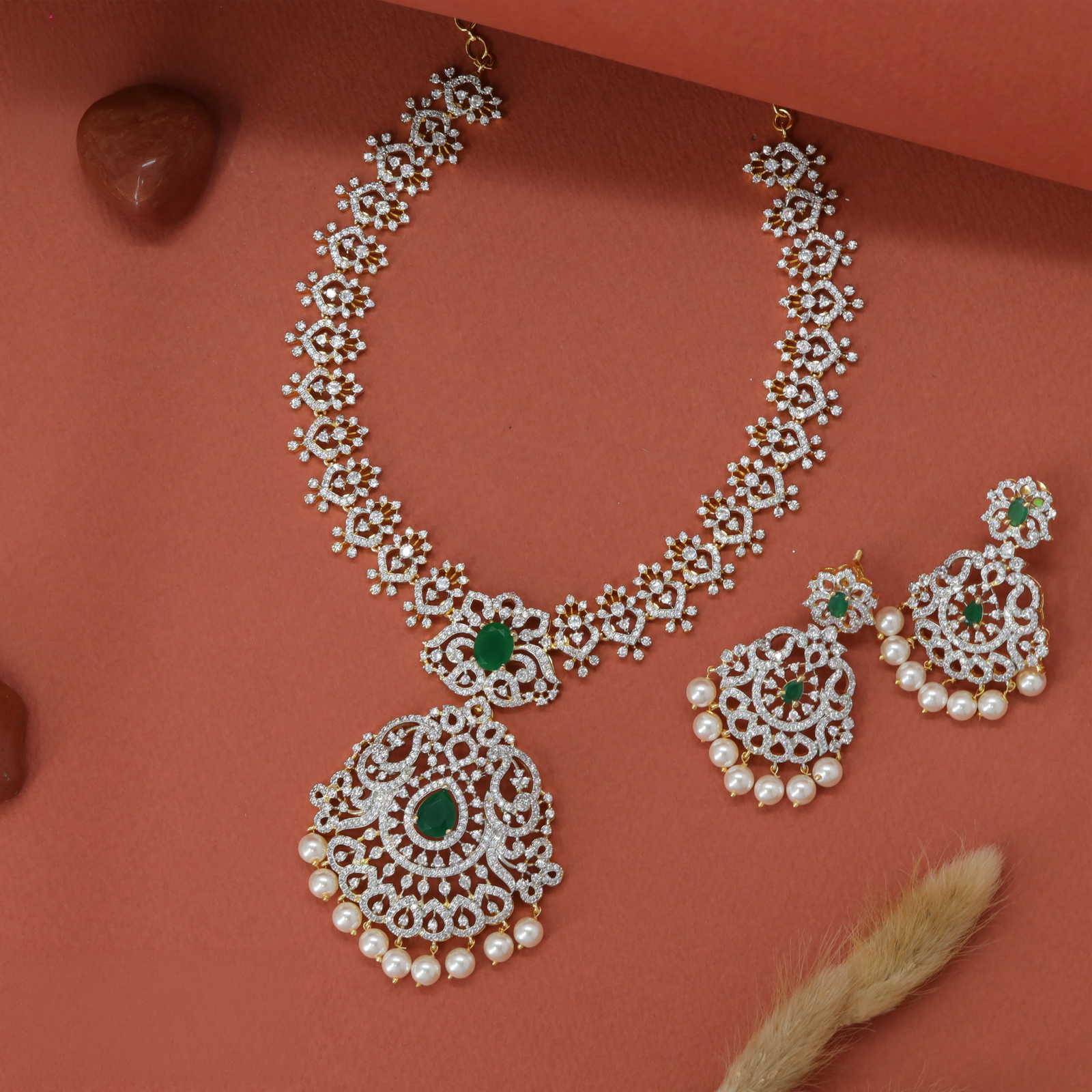 Floral Network Necklace with Detailed Pendant and Soft Drop Elements