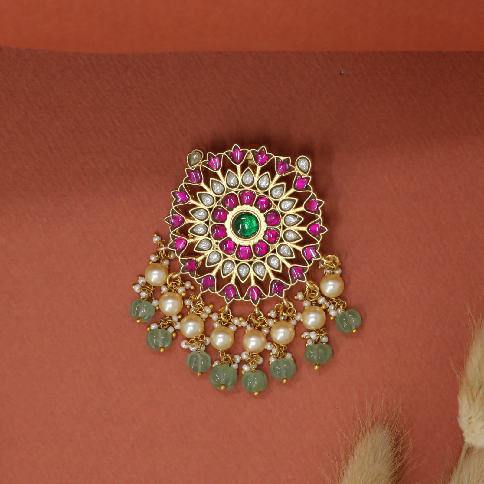 Intricate Mandala Style Jadau Pendant with Floral Pattern and Tassel Chains
