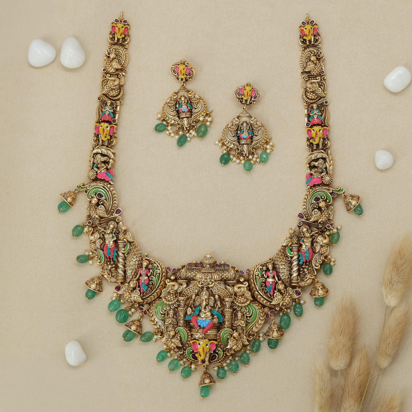 Ganesha long haara with ornate peacock panels and traditional deity work