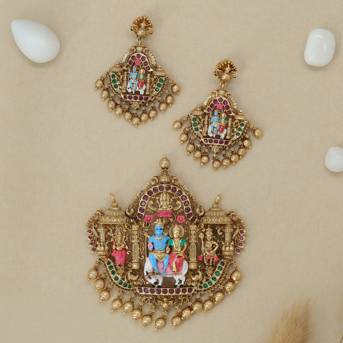 Shiva Parvati Antique Pendant Set with Intricate Work