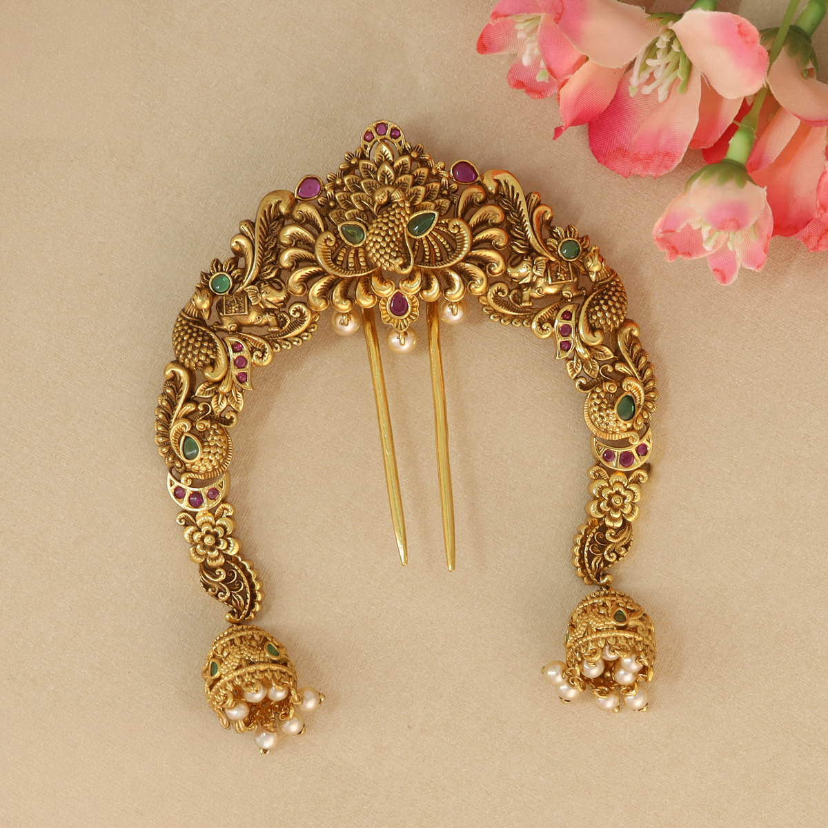 Majestic Peacock Arch Hair Ornament with Intricate Carving and Dangling Jhumka Drops
