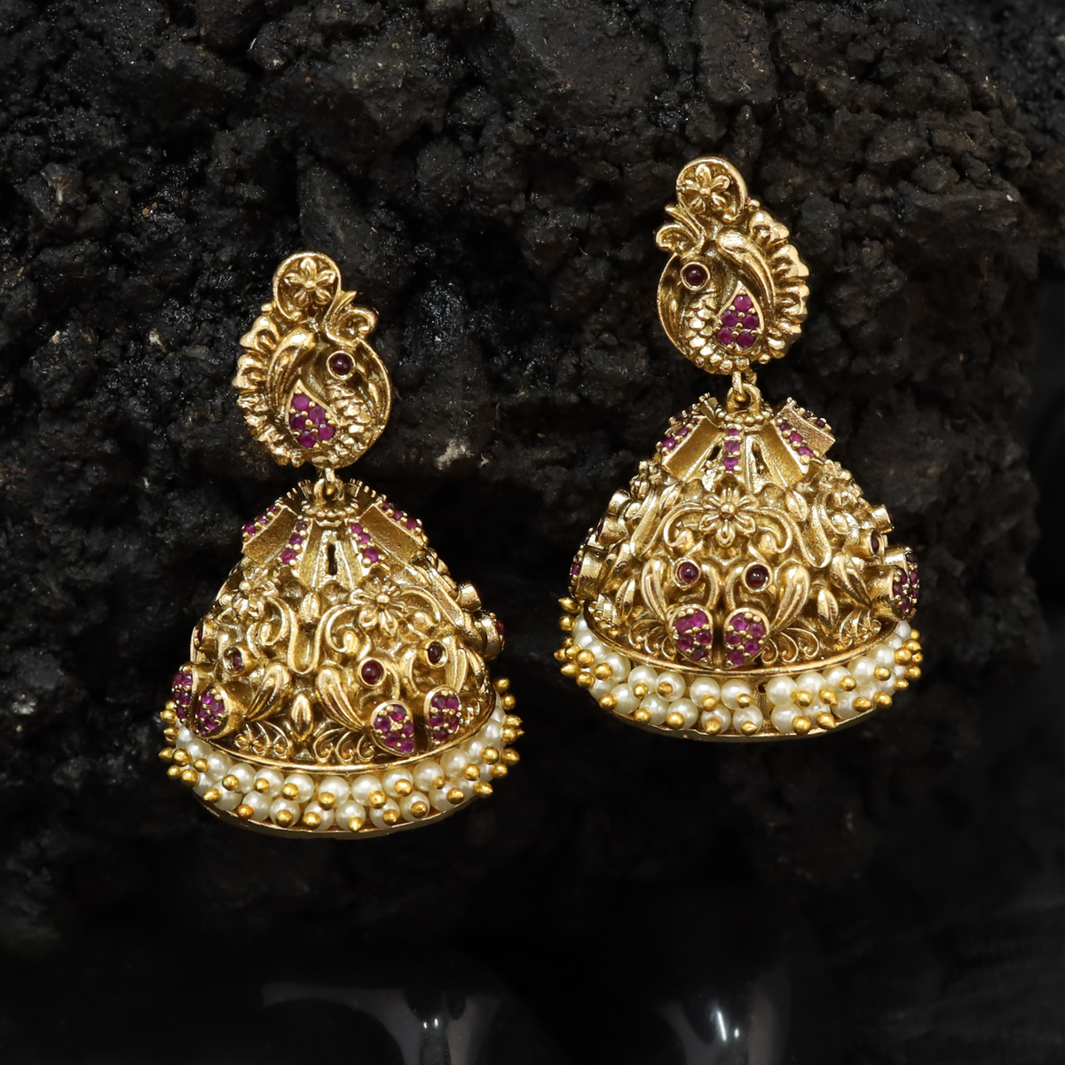 Antique Floral Jumka with Pearl Detailing