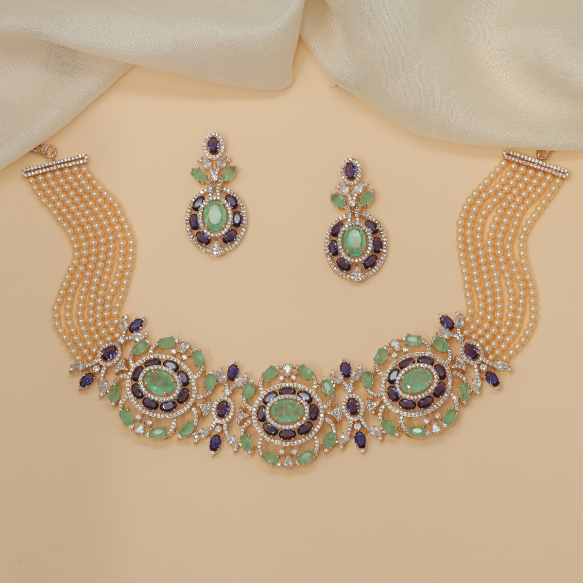 Grand Oval Gem Centre Choker with Pearl Layered Strands and Stone Floral Connectors