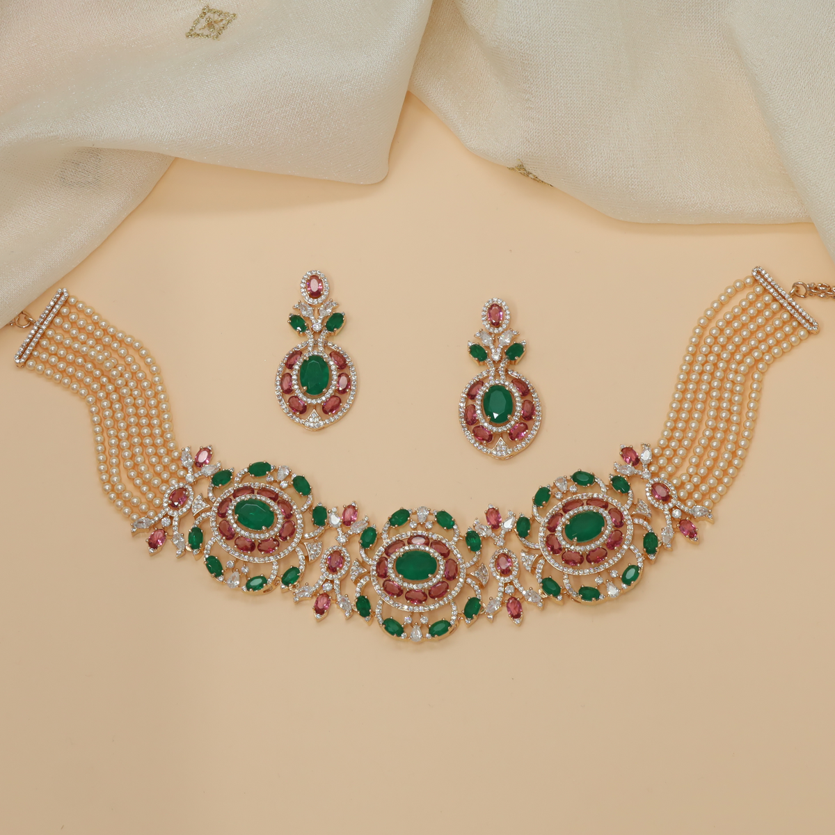 Grand Oval Gem Centre Choker with Pearl Layered Strands and Stone Floral Connectors