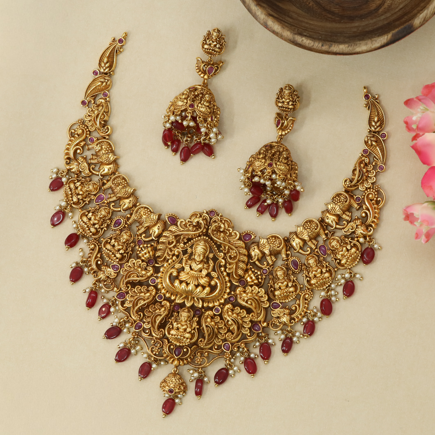 Decorative Curve Necklace with Lakshmi Elements and Drop Fringe