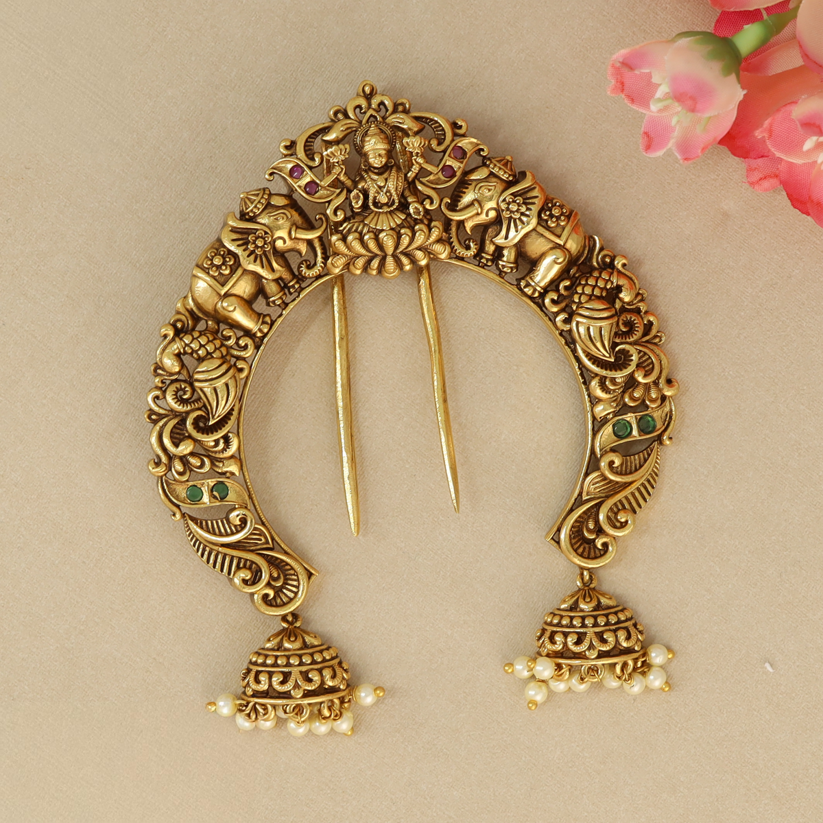 Statement Lakshmi Hair Arch with Grand Structure and Hanging Jhumka Details