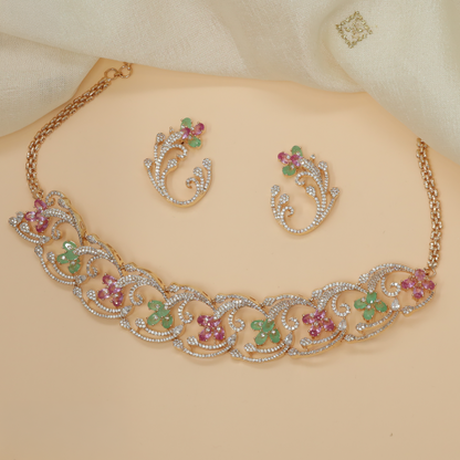 Botanical scroll Crystal Rose Gold Necklace with coordinated earrings