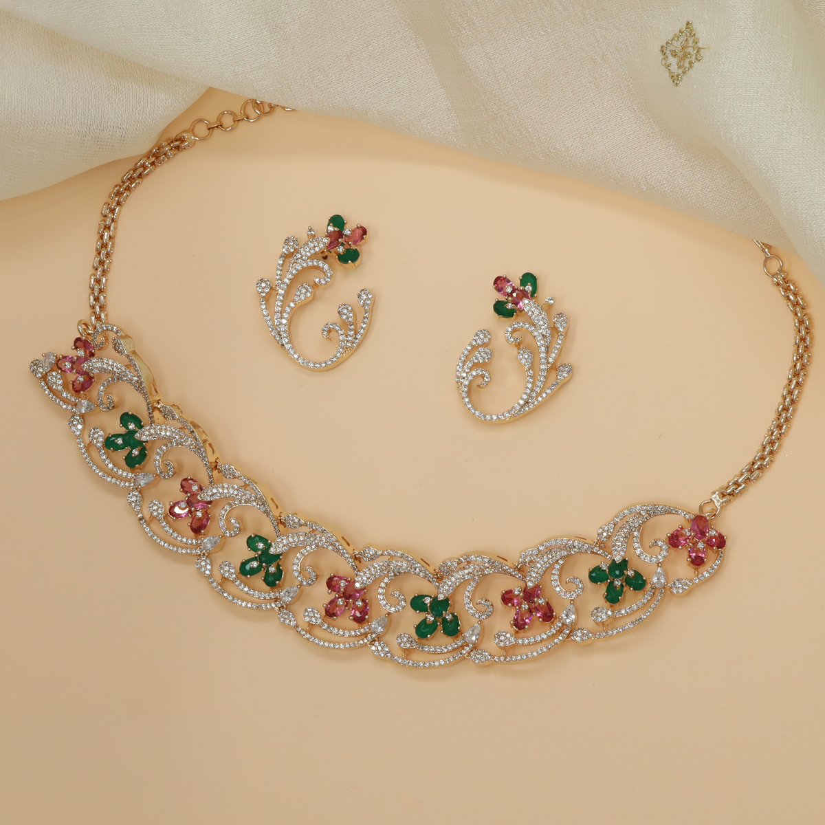 Botanical scroll Crystal Rose Gold Necklace with coordinated earrings