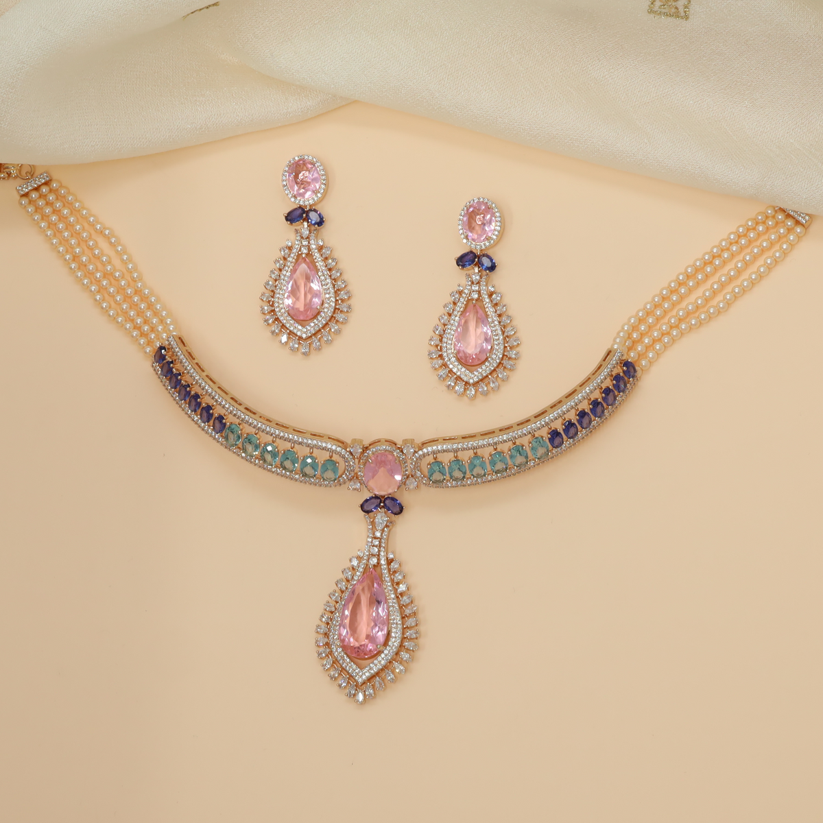 Lustria Prism-Set Curve Necklace with Crystal Drop Pendant