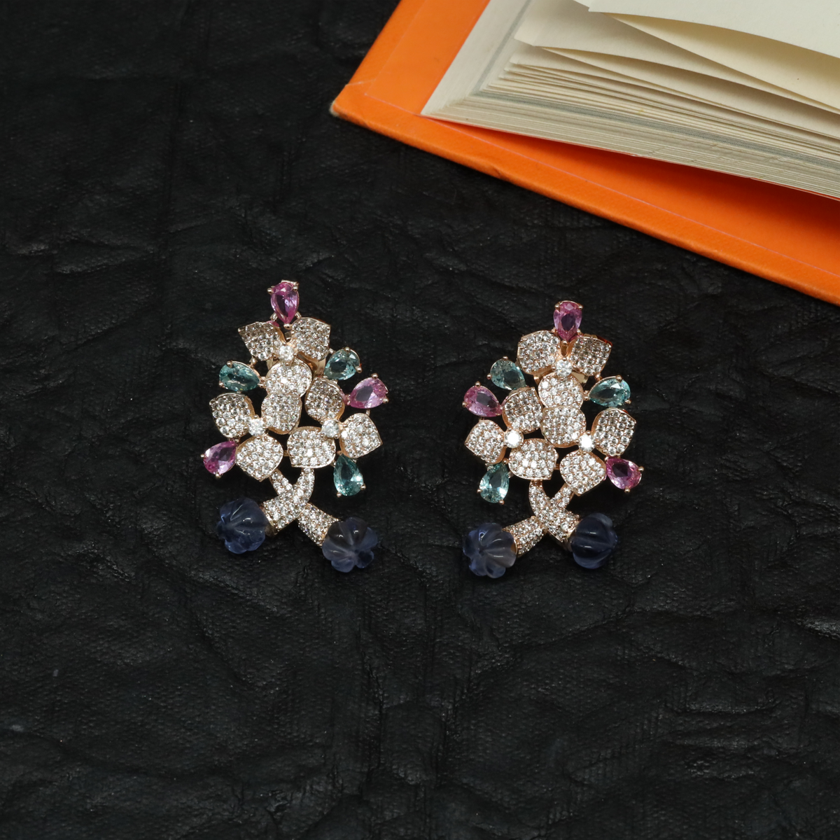 Ethereal Blossom Motif Stud with Clustered Petal Design and Drop Beads