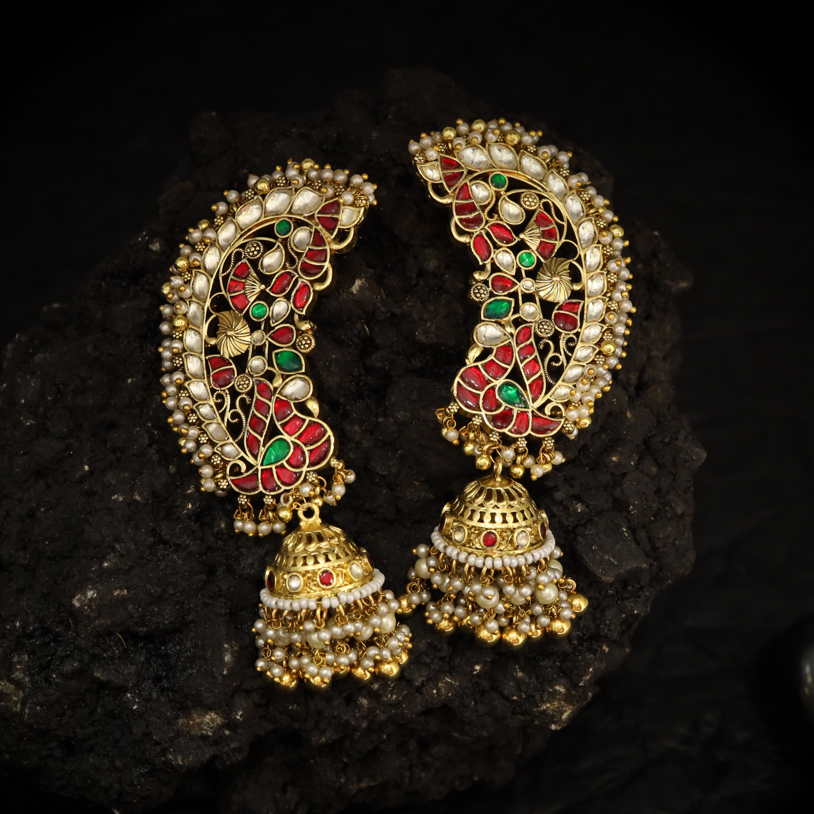 Peacock Crest Cuff Jhumka Earrings with Intricate Jadau Inlay and Dome Drops