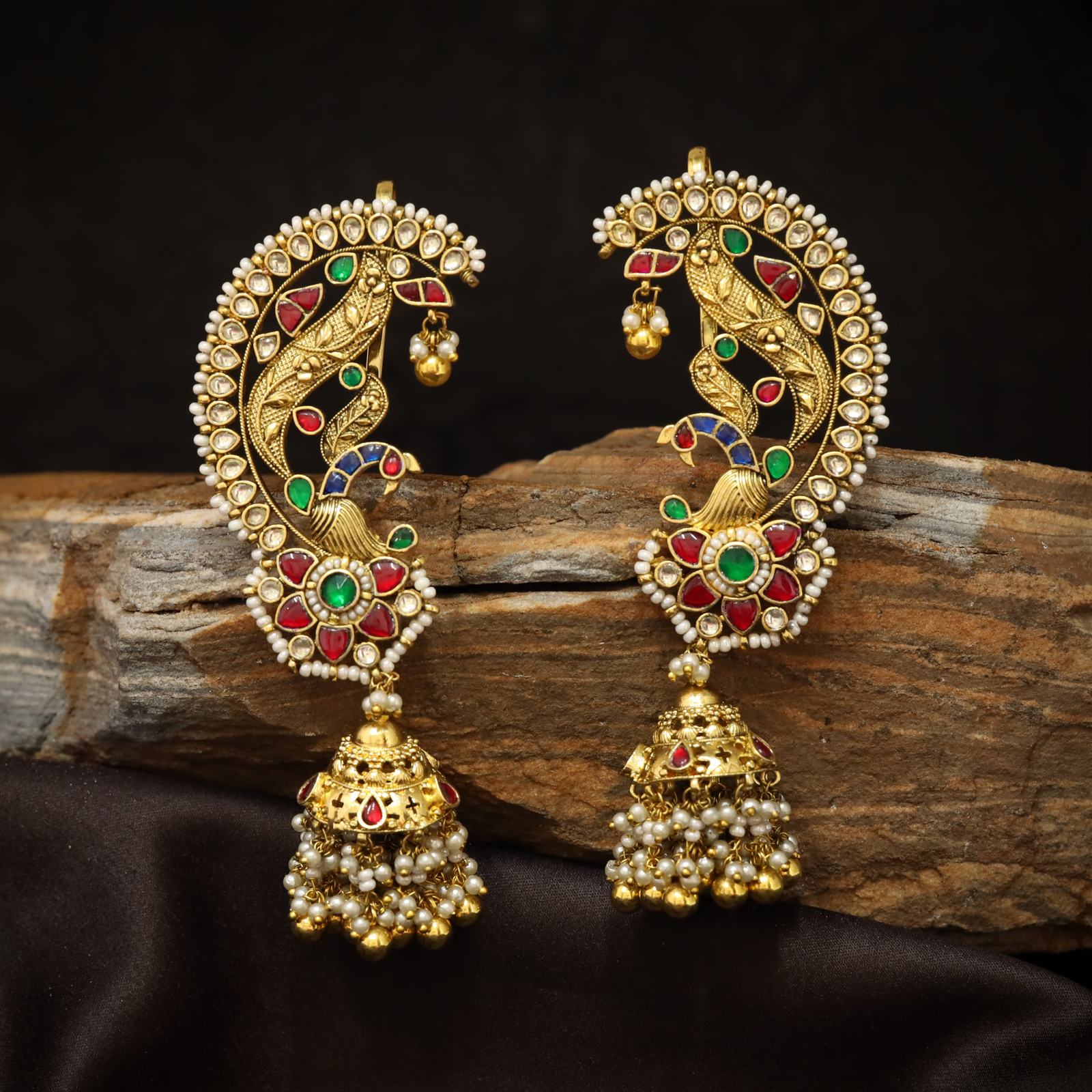 Radiant Peacock Pair Cuff Jhumka Earrings with Floral Base Motif and Dome Drops