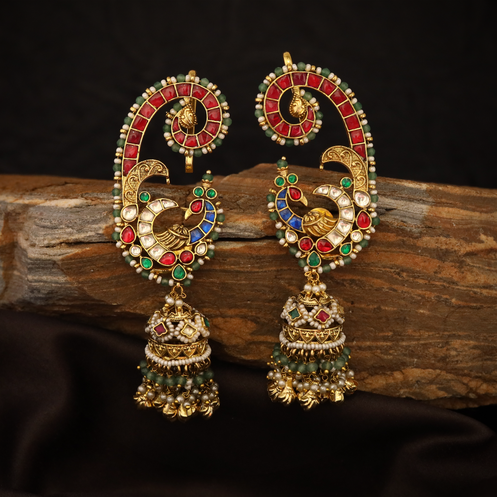 Swirl Design Cuff Earrings with Peacock Form and Detailed Inlay Dome Drops