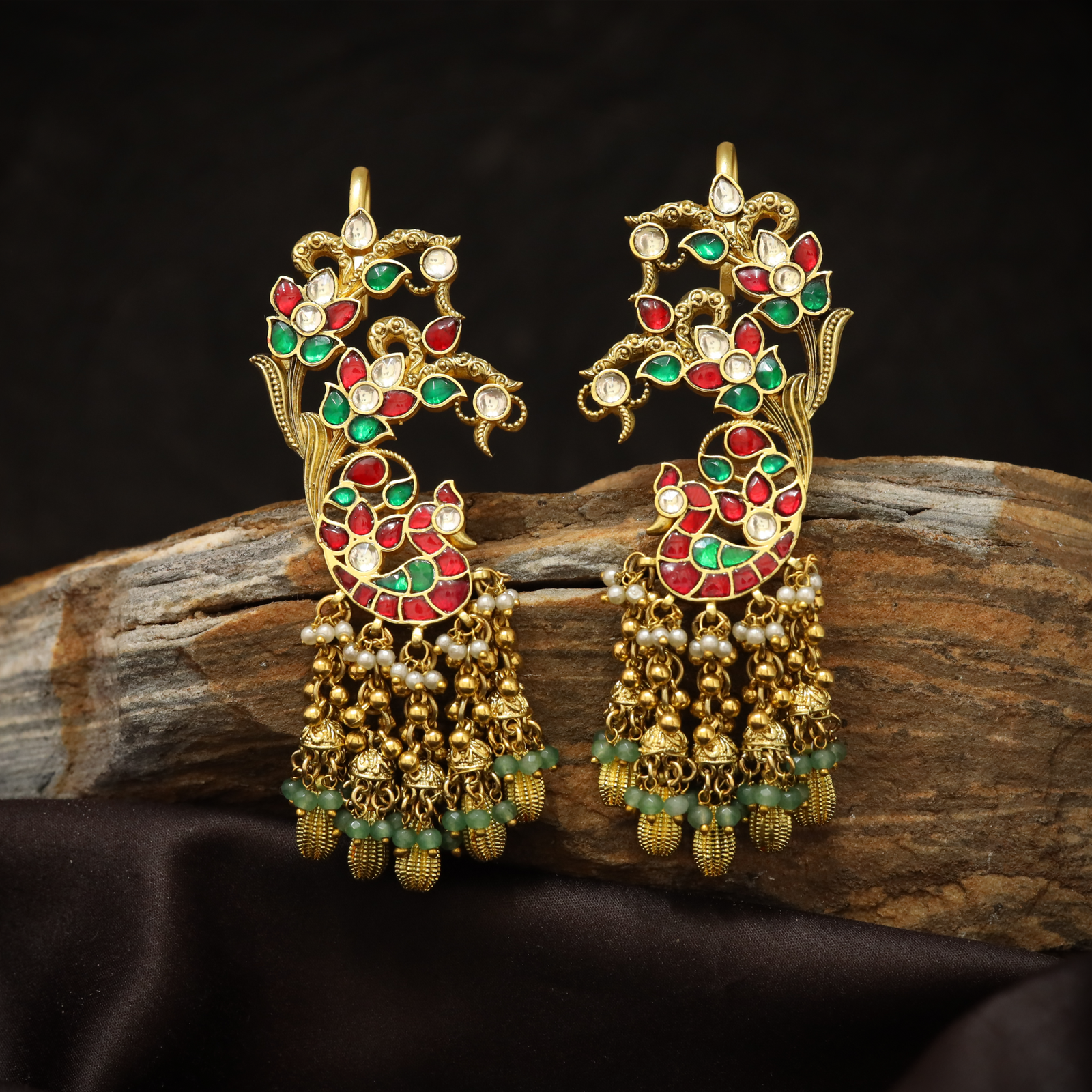 Blooming Peacock Cuff Jhumka Earrings with Floral Cluster Motifs and Tassel Drops
