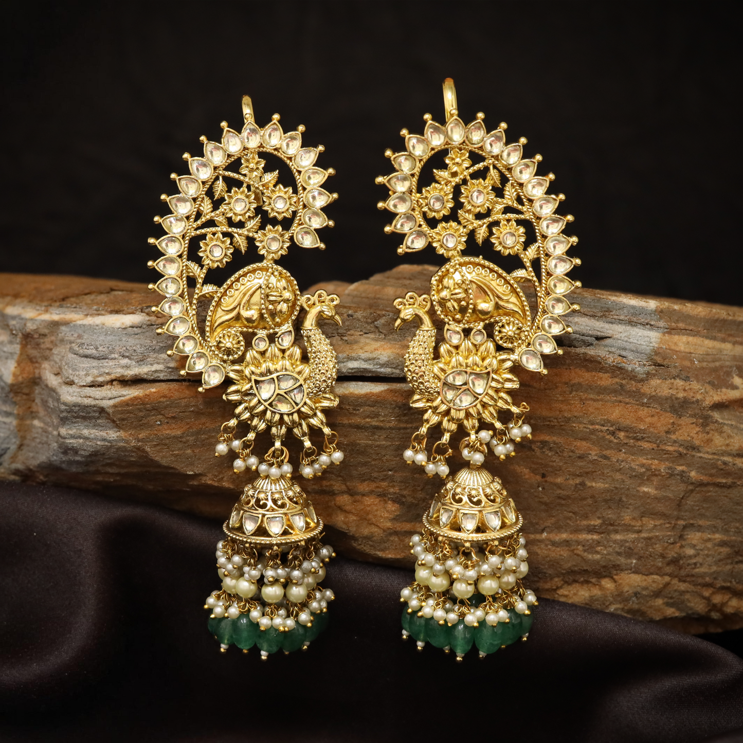 Crescent Peacock Jhumka Earrings with Floral Arch Detailing and Pearl Drop Layers