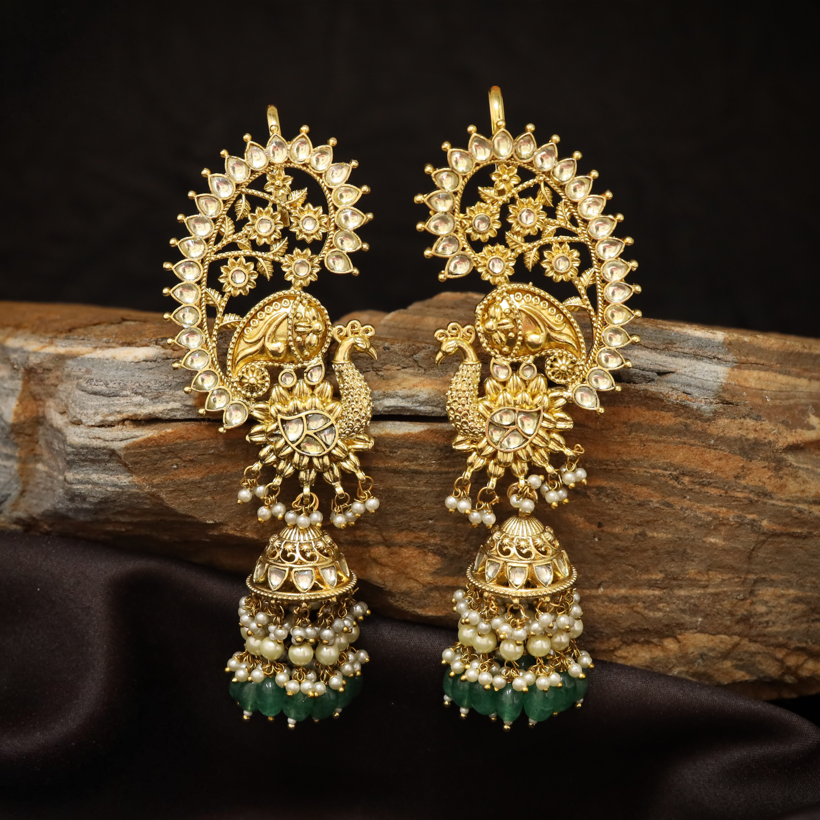 Crescent Peacock Jhumka Earrings with Floral Arch Detailing and Pearl Drop Layers