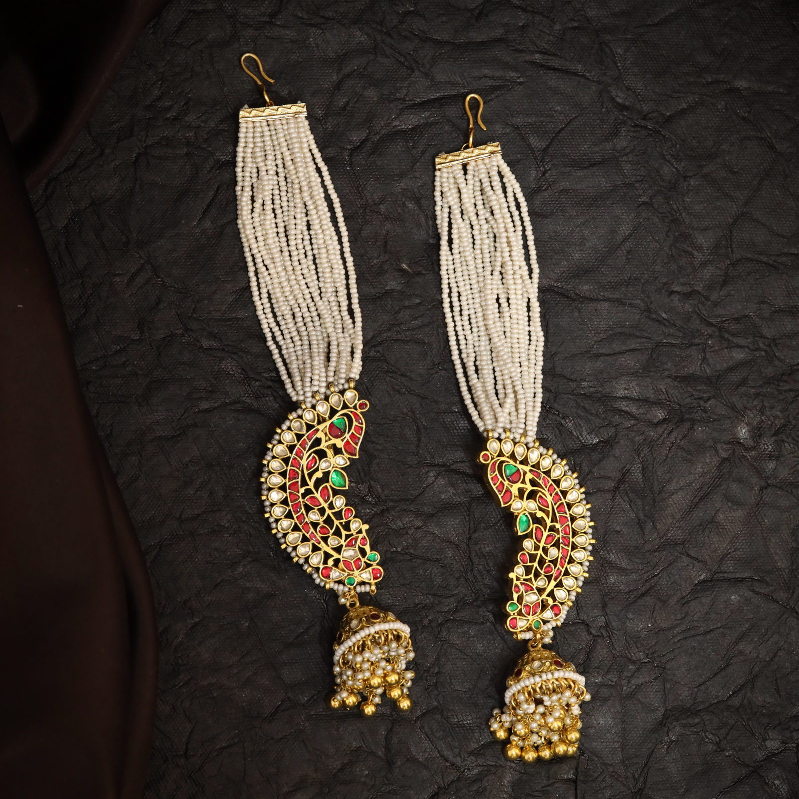 Multi Strand Pearl Earrings with Inlaid Peacock Panel and Hanging Dome Drops