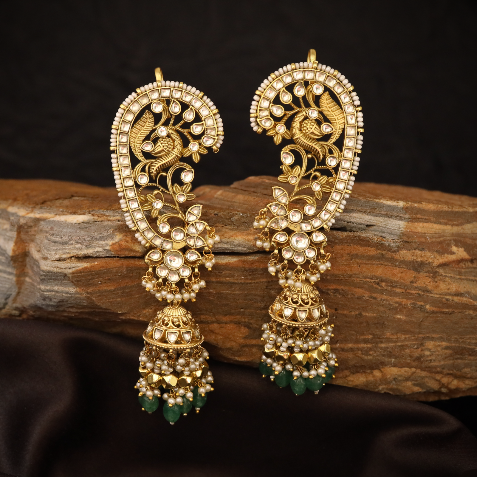Plumed Peacock Cuff Jhumka Earrings with Leaf Vine Detailing and Layered Dome Drops