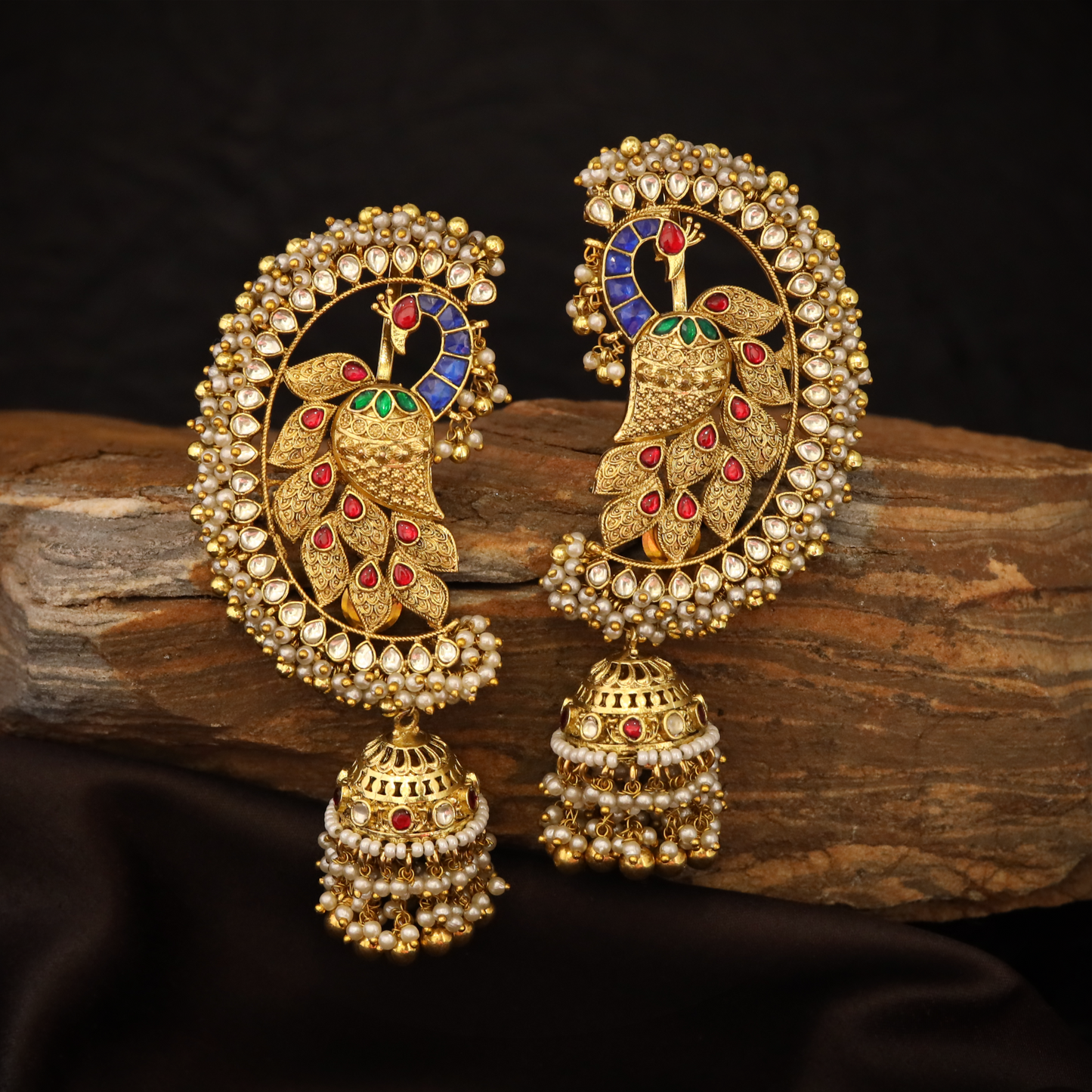 Graceful Peacock Silhouette Earrings with Intricate Feather Work and Hanging Jhumka Layers