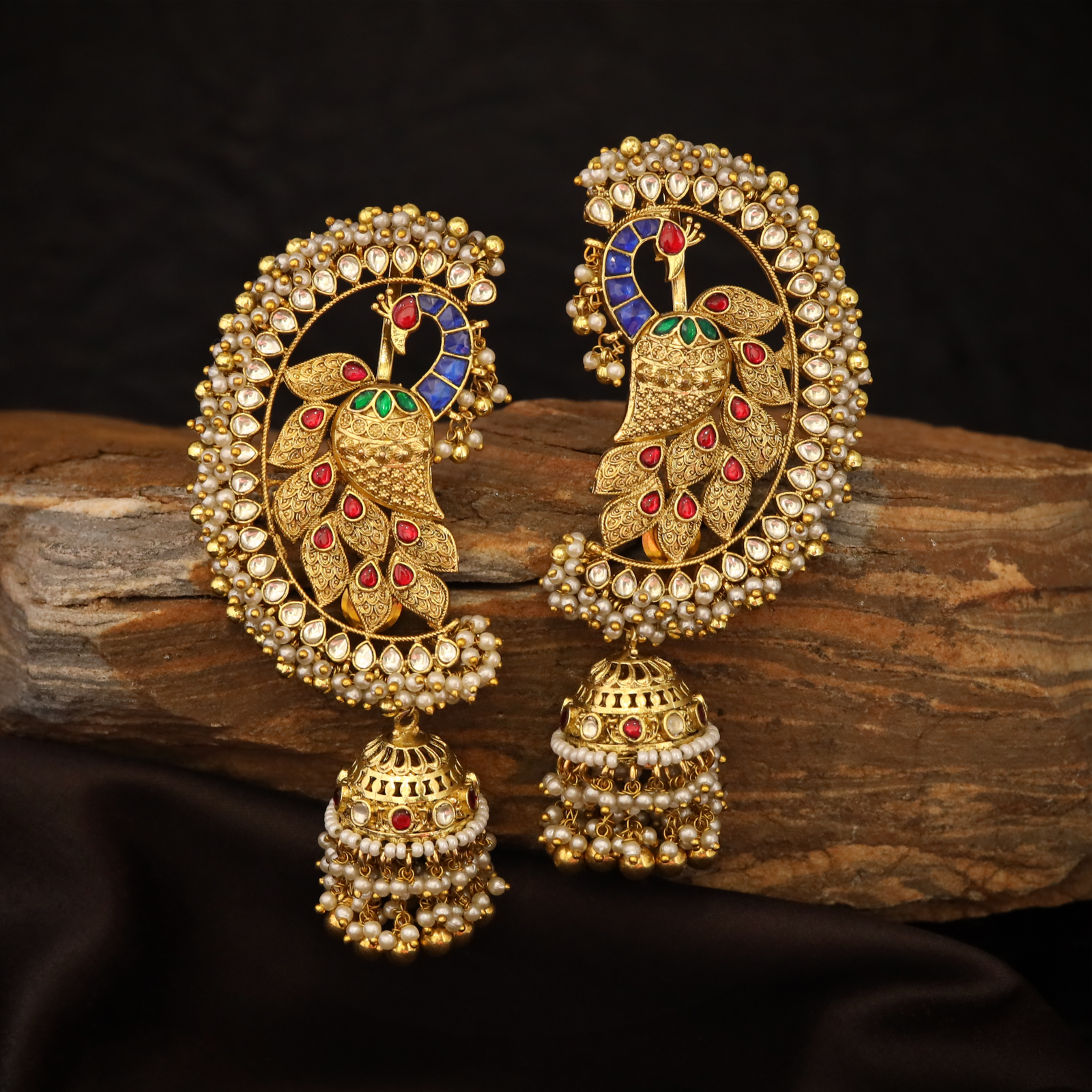 Graceful Peacock Silhouette Earrings with Intricate Feather Work and Hanging Jhumka Layers