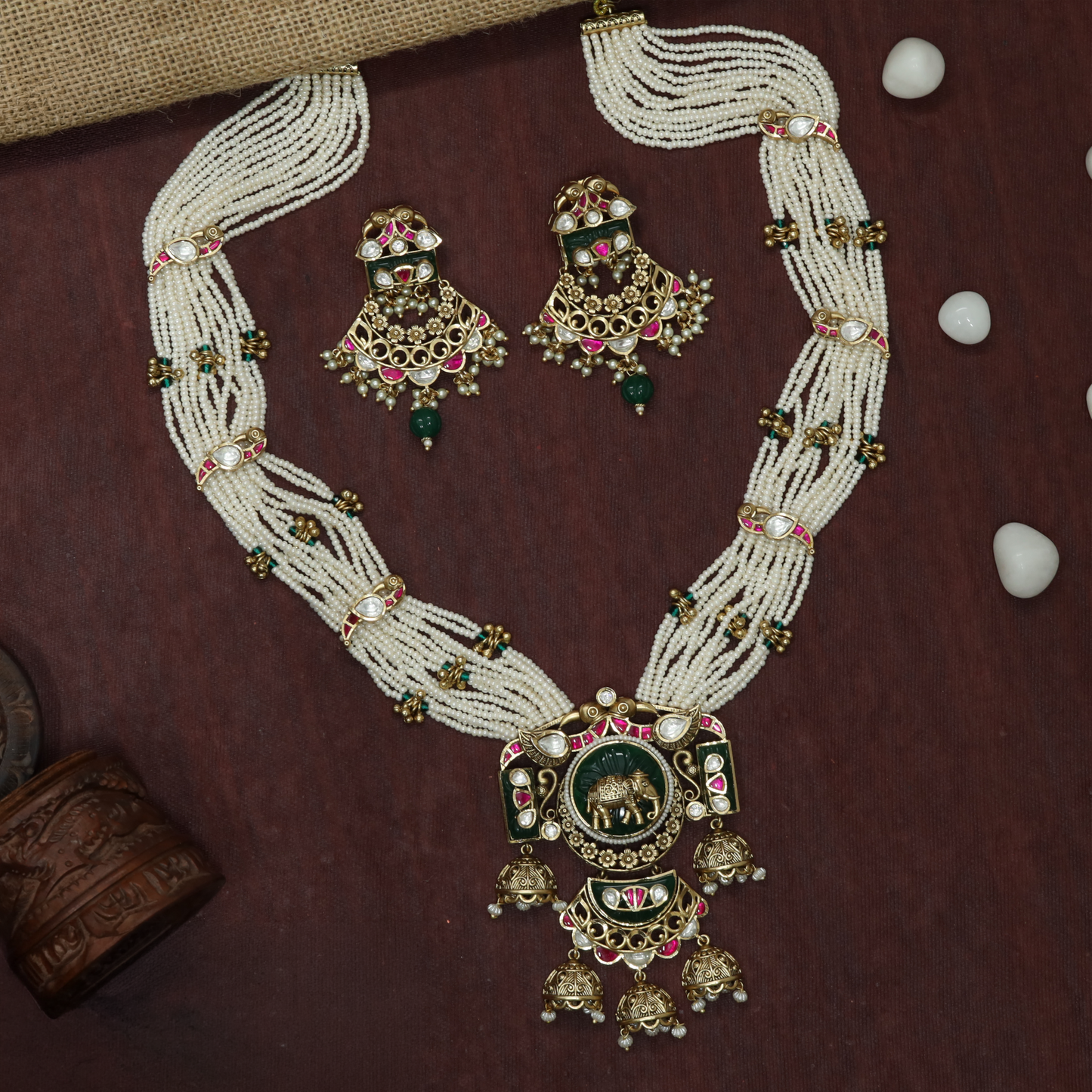 Elephant Medallion Long Haara with Floral Connectors and Structured Pendant Work