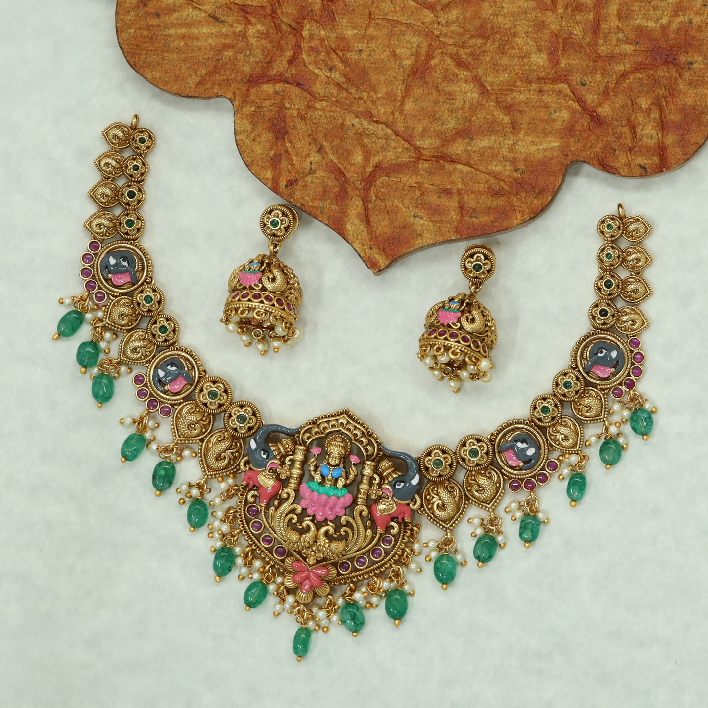 Antique Lakshmi necklace with elephant head links and ornate goddess pendant