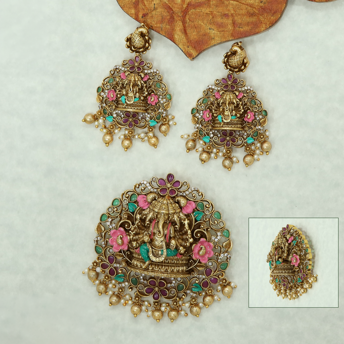 Antique Panchamukhi Ganesha Pendant Set with Floral Detailing