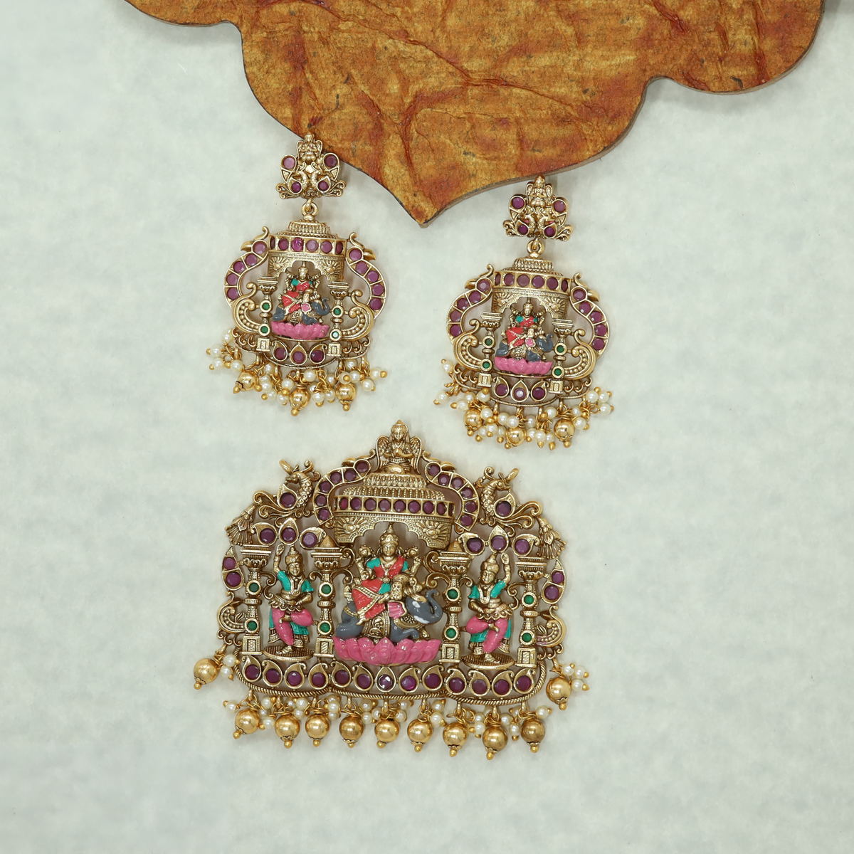 Antique Lakshmi Pendant Set with Intricate Temple Detailing