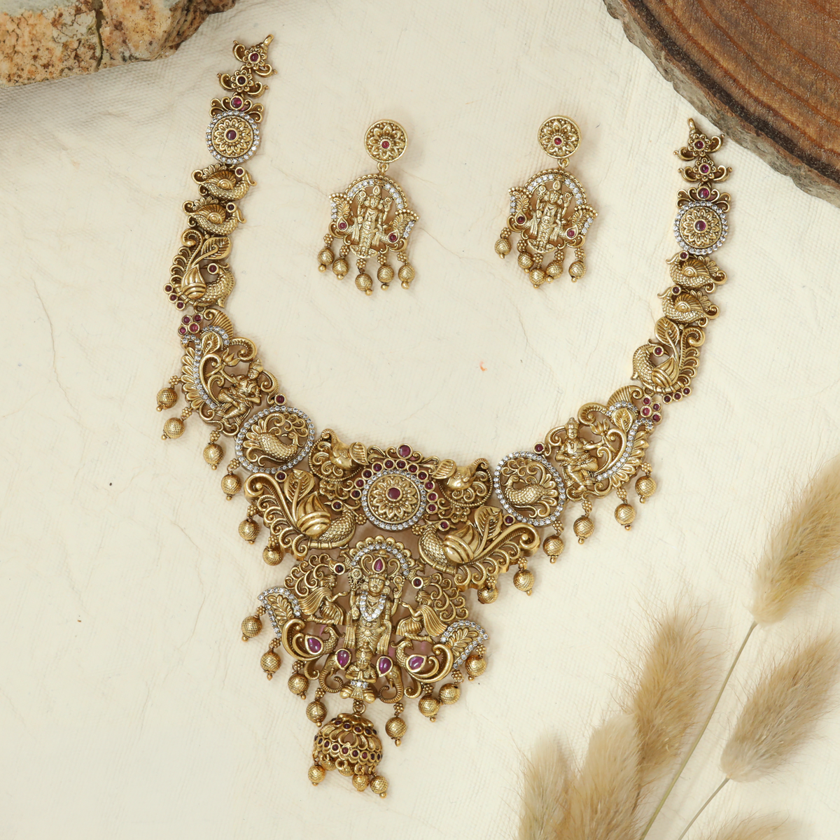 Regal Balaji Antique Necklace Featuring Intricate Temple-Inspired Ornamentation