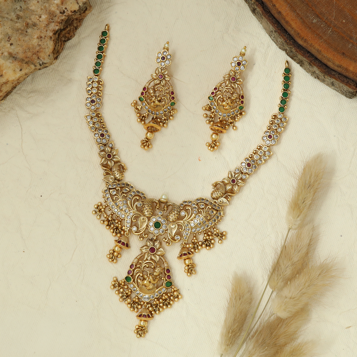 Festive Antique Necklace Featuring Lakshmi Pendant and Traditional Ornamentation