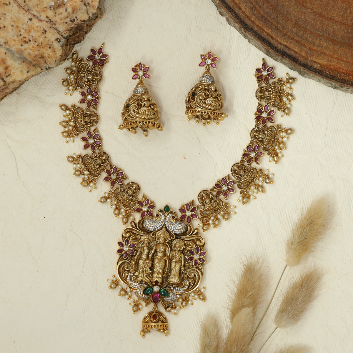 Elegant Antique Necklace with Ram Darbar Pendant and Floral Detailing