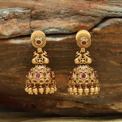 Medallion Stud Jumka with Twin Peacock Connector and Bead Drop Fringe