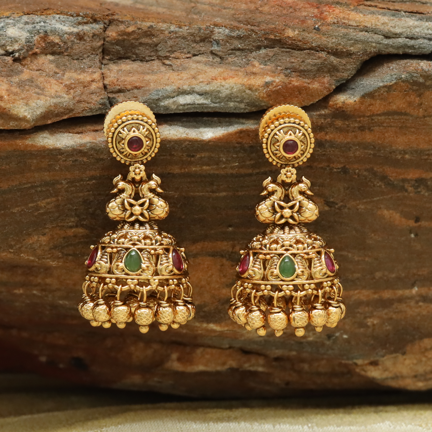 Medallion Stud Jumka with Twin Peacock Connector and Bead Drop Fringe