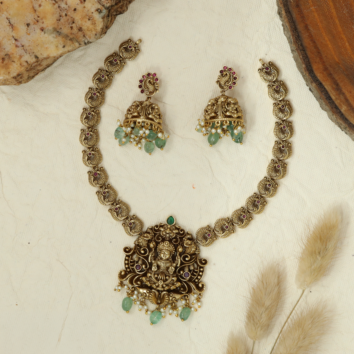 Antique Lakshmi Necklace with Temple Pendant and Ornate Peacock Link Detailing
