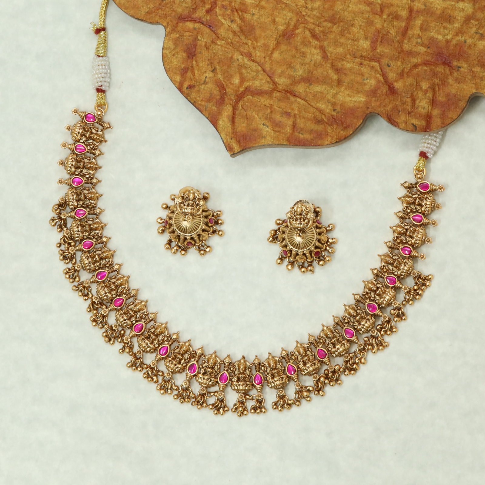 Sequential Lakshmi Panel Necklace with Alternating Settings and Bead Drops