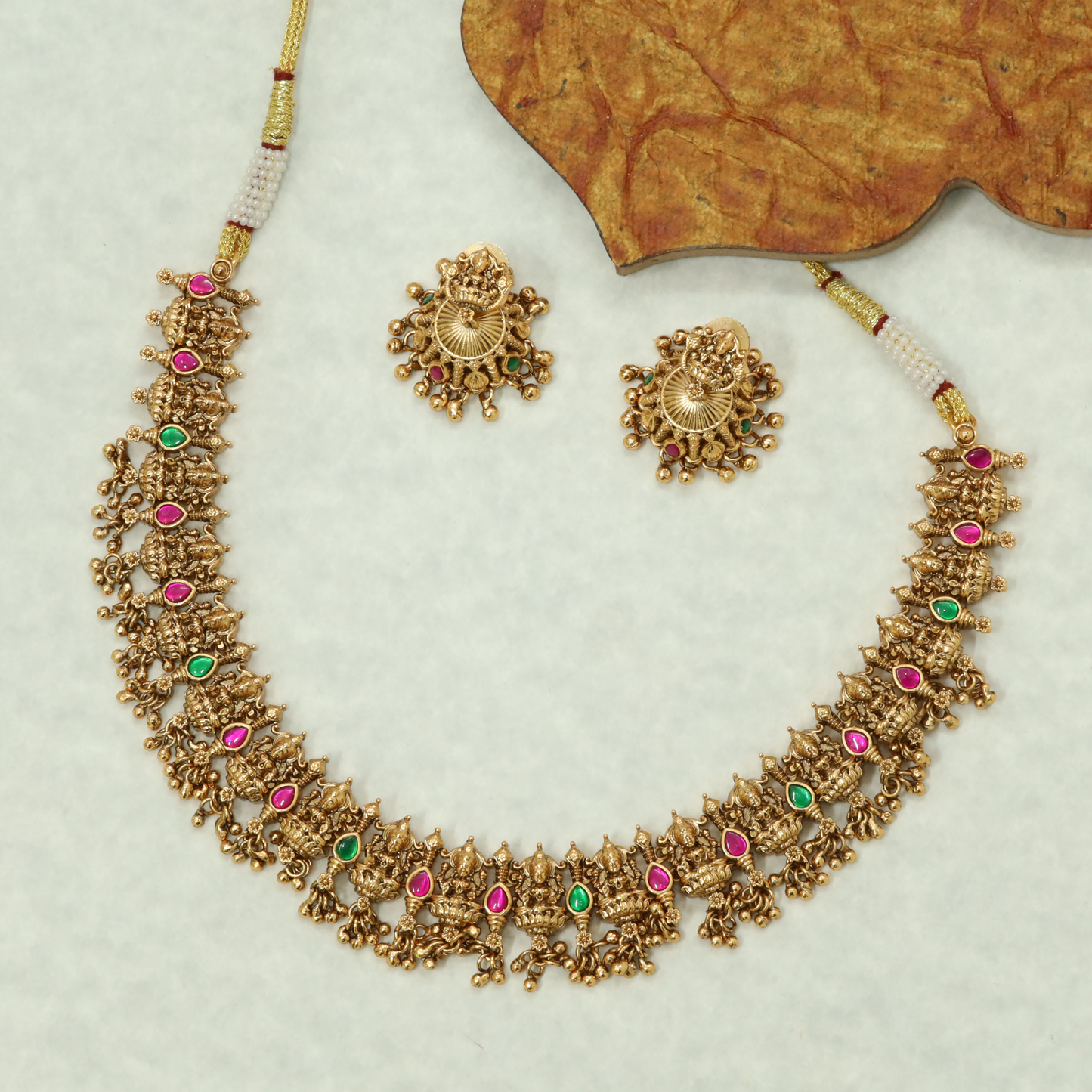 Sequential Lakshmi Panel Necklace with Alternating Settings and Bead Drops