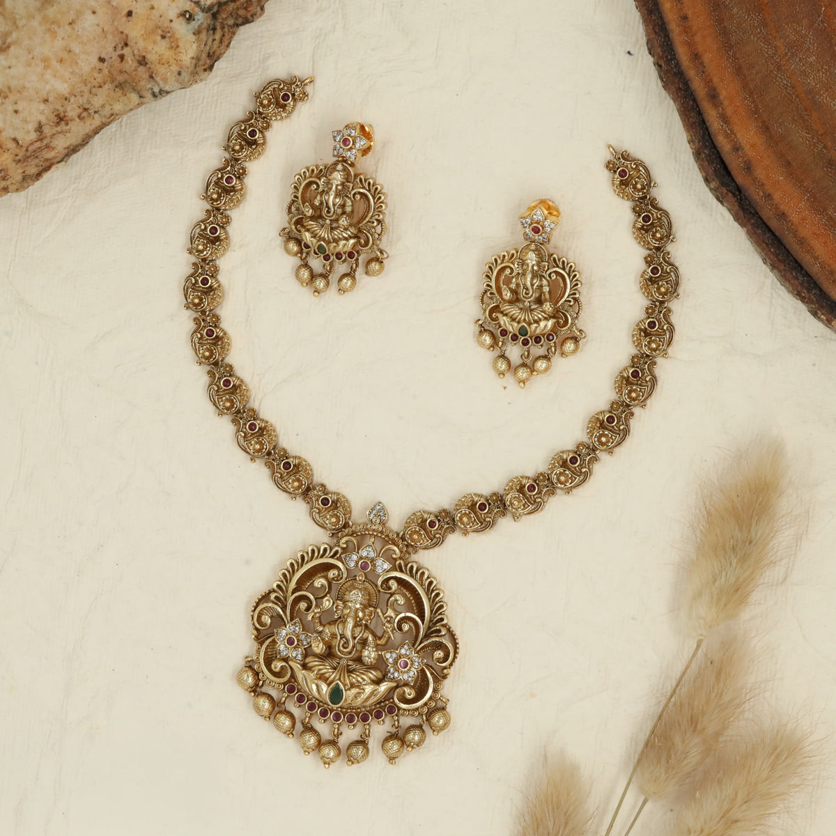 Traditional Ganesha Antique Necklace Set With Matching Earrings