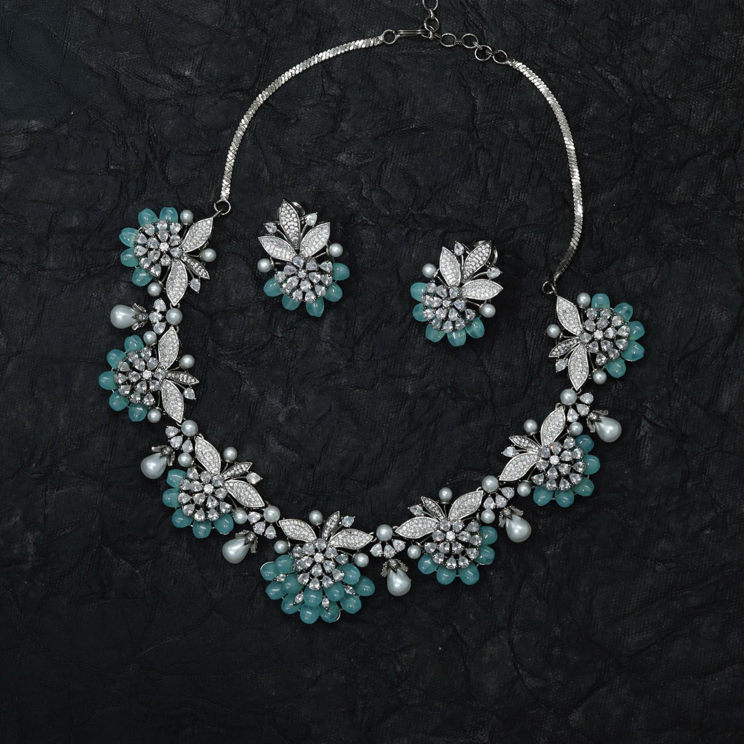 Botanical Crystal Necklace with Floral Clusters, Leaf Forms and Pearl Drops