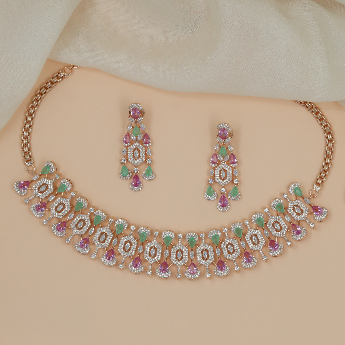 Rose Gold Choker with an intricate framework and decorative hanging details