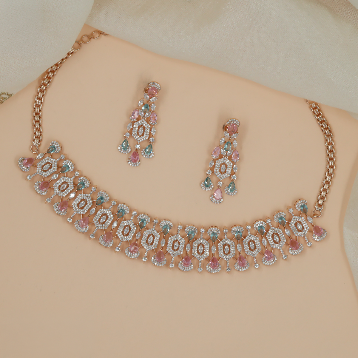 Rose Gold Oval Framework Teardrop Choker Set