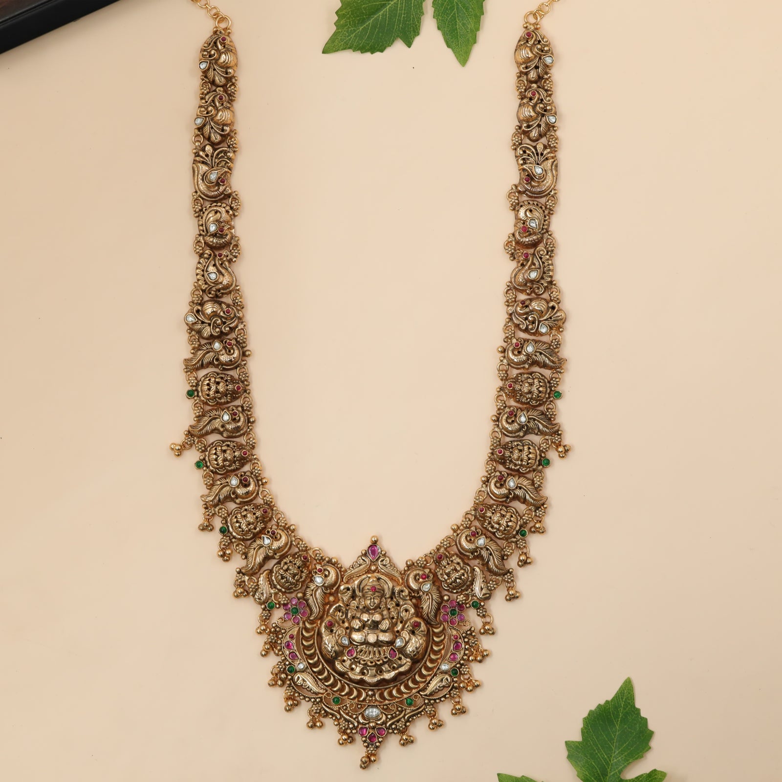Seated Lakshmi-Peacock Pendant Long Necklace