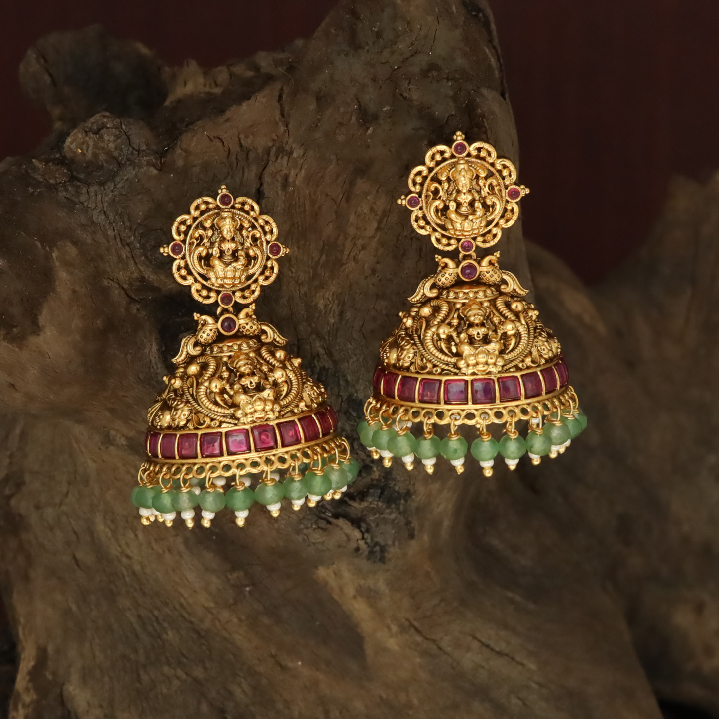 Circular Lakshmi Stud Jumka with Peacock Connector and Layered Dome Fringe
