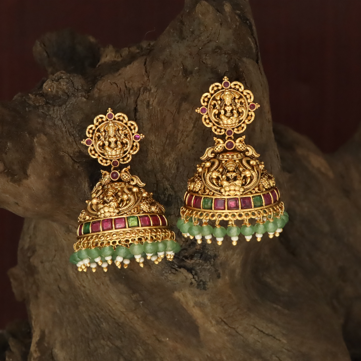 Circular Lakshmi Stud Jumka with Peacock Connector and Layered Dome Fringe