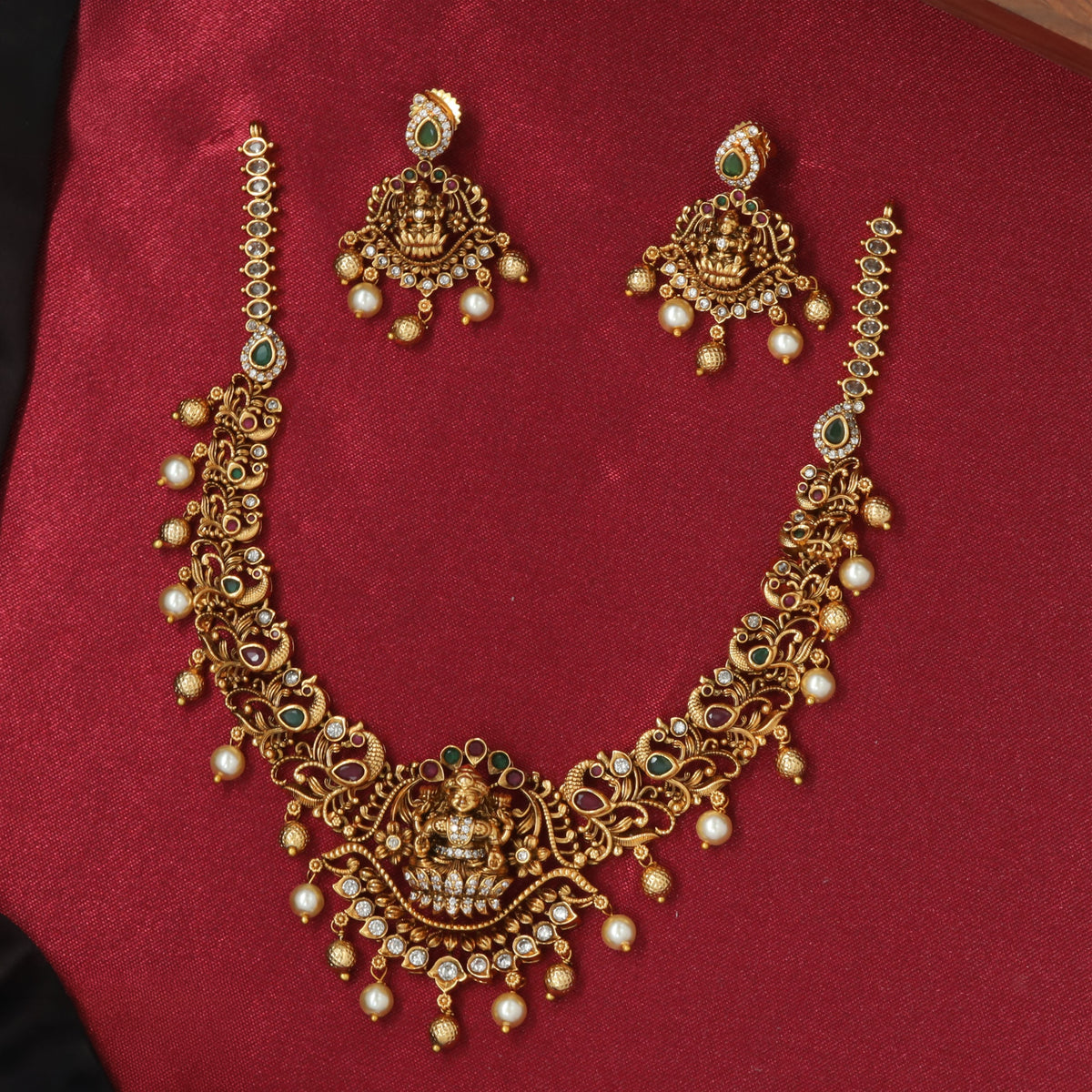 Antique Necklace with Lakshmi Pendant and Peacock Detailing