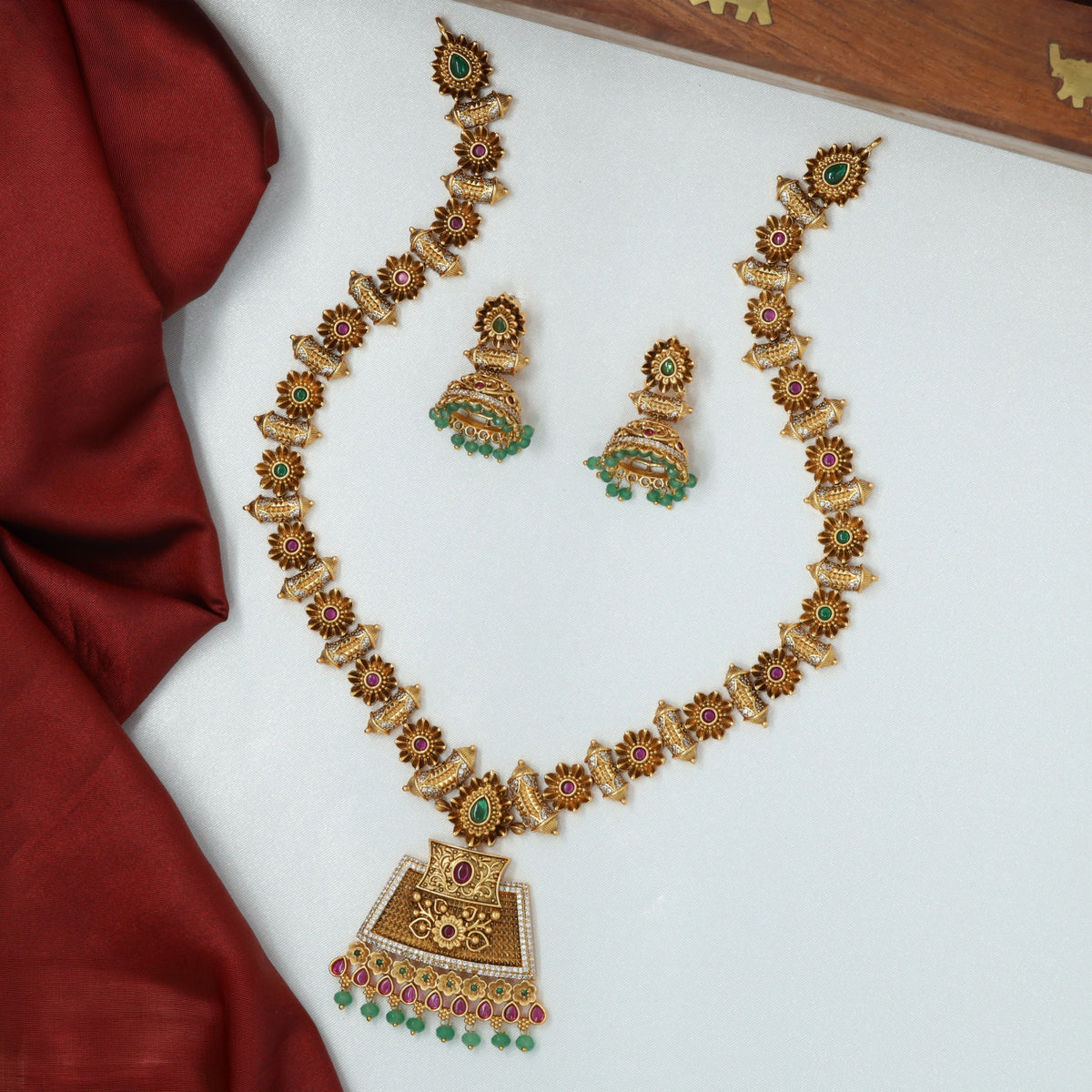 Floral Link Antique Long Haara Set With Matching Jhumkas